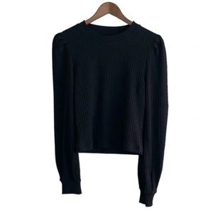 Monk & Lou Ribbed Knitted Knit Puff Long Sleeve Comfy Crop Top Shirt Black